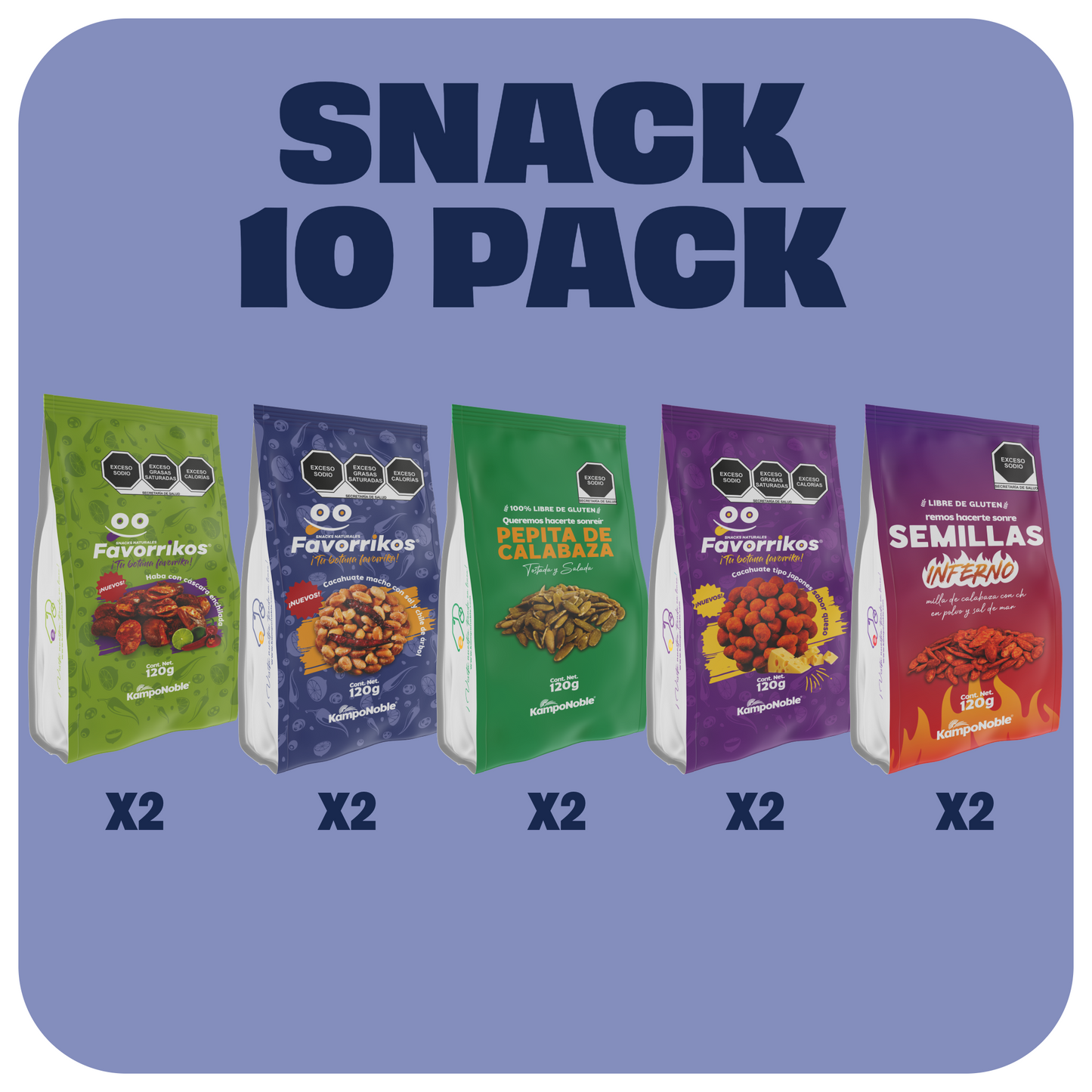 "Snacks 10 Pack" Paquete de 10 bolsas de 5 diferentes botanas | 120 gramos cada bolsa|